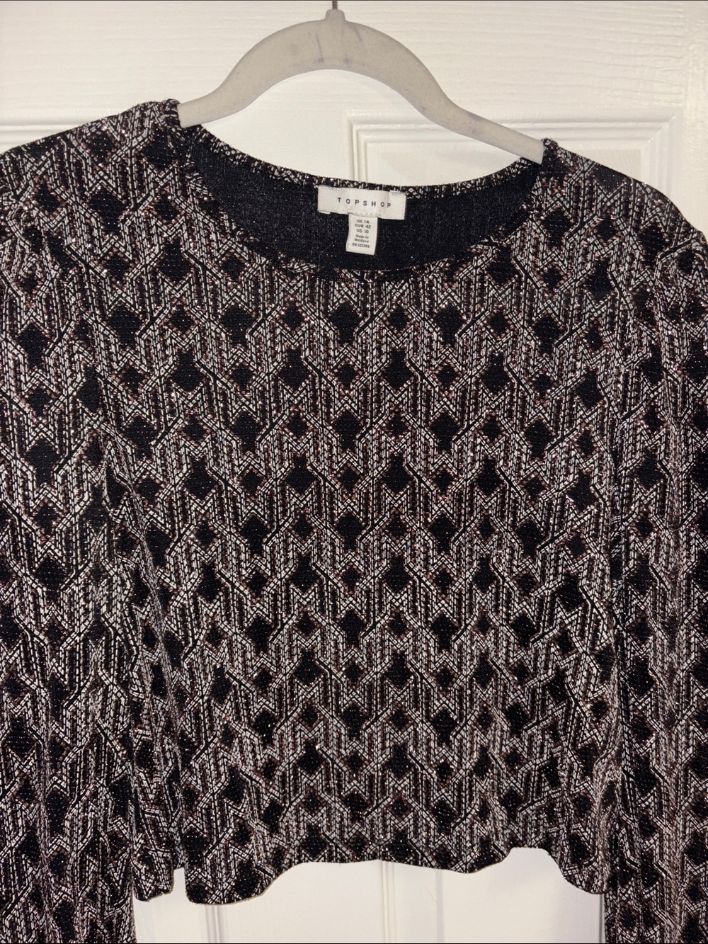 Topshop Black and Silver Geometric Knit Crew Top